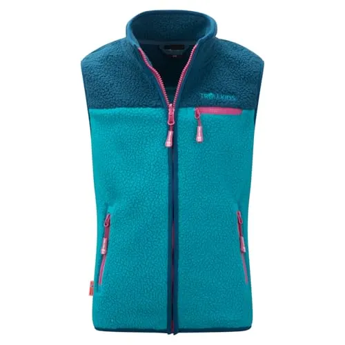 Trollkids Kids Hemsedal Vest 110 - Kuschelige Fleeceweste in Dunkel-Türkis - Funktionsjacke aus warmem Sherpa-Fleece, ausgestattet mit praktischen Reißverschlusstaschen und Zip-in-System, ideal für aktive Kinder.