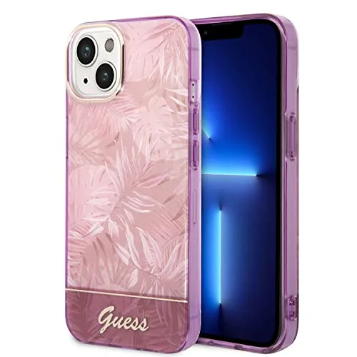 Guess Handyhülle für iPhone 14 Plus in rosa Blättern IML, kratzfester PC/TPU, Bequeme und langlebige Hartschale mit zugänglichen Anschlüssen, Stoßdämpfung und Signatur-Logo