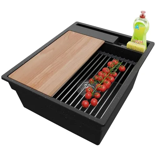 PRIMAGRAN Spülbecken Schwarz Metallic 43x53cm, Granitspüle 1 Becken + Ablauf-Set + Küchenzubehörset, Küchenspüle ab 45er Unterschrank - Oslo Pocket S059