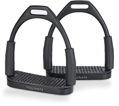 Equinate Sicherheitssteigbügel Oregon 12cm Schwarz Matt - Ergonomisches Design & Anti-Rutsch Trittfläche - Steigbügeleisen für Reitsattel, ergonomisches Design reduziert Gelenkbelastung und sorgt für optimalen Komfort beim Reiten. Ideal für Erwachsene und Kinder.