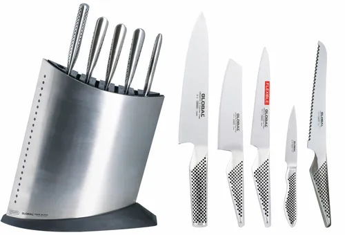Global Messerblockset 6-teilig - Küchenmesser Set aus hochwertigem Molybdän-Vanadium Stahl, inklusive edlem Edelstahlblock für stilvolle Aufbewahrung und optimale Schärfe.