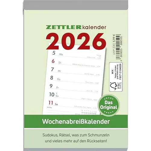 Zettler Wochenabreißkalender 2026 - Wandkalender für 2026 mit praktischer Abrissperforation und Wochenzählung, 1 Woche pro Seite, ideal zur Planung und Übersicht im Alltag.