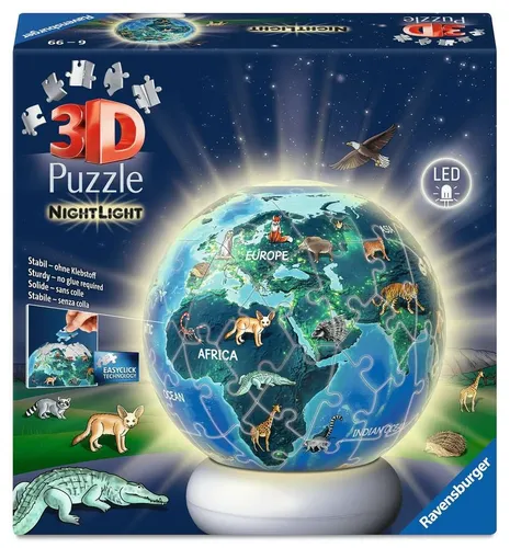Ravensburger 3D Puzzle-Ball Nachtlicht Erde mit Tiermotiven - Kreatives 3D Puzzle-Ball für Kinder ab 7 Jahren, leuchtet sanft und sorgt für eine gemütliche Atmosphäre im Kinderzimmer. Ideal für tierliebende kleine Entdecker!
