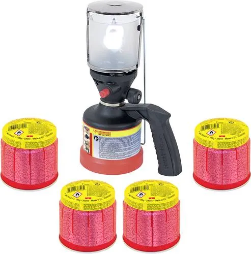 Rothenberger Scout Campinglampe Set - Campingzubehör mit piezoelektrischer Zündung, inklusive 3 Glühstrümpfen und 5 C200 Gaskartuschen - ideal für unvergessliche Nächte im Freien.
