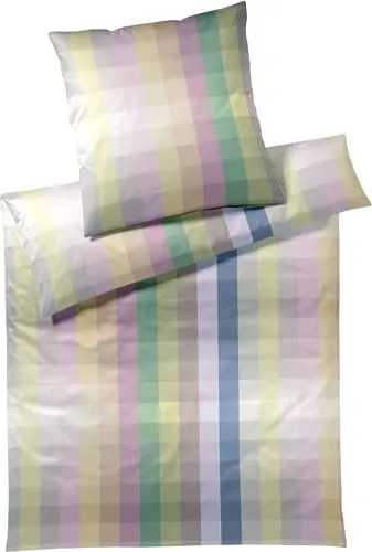 elegante Mako-Jersey-Bettwäsche-Garnitur Check Out Jersey Farbe Licht-Gelb Größe 135x200+80x80 Streifen Bunt Stripes