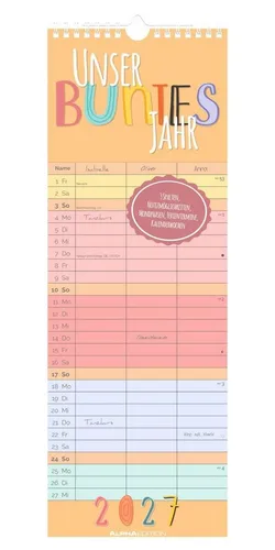 Terminplaner Familienplaner Unser buntes Jahr 2027 bunter Familienplaner 14,9x42 cm