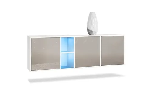 Vladon Sideboard Cuba mit LED-Beleuchtung, Weiß matt/Sandgrau Hochglanz - Stylisches Sideboard mit 3 Türen und 2 offenen Fächern. Modernes Design, praktischer Stauraum und einfache Montage machen Cuba zur idealen Lösung für jedes Zuhause.