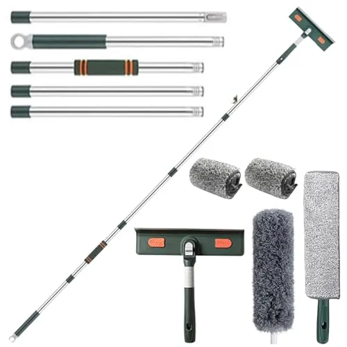 in 1 Fensterwischer mit teleskopstiel, 72cm-207cm 180 Profi Fensterputzer Set mit 2 Mikrofaserpads Staubwedel und Verlängerungsstange für Hohe Fenster im Innen und Außen Dusche Glas 3