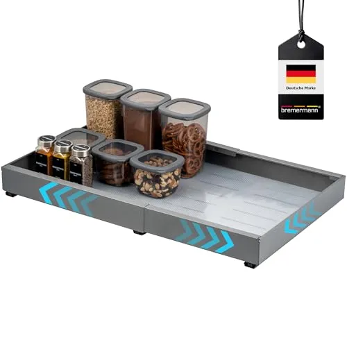 bremermann Teleskopschublade mit Einlegeboden, ausziehbar, verstellbare Breite von 43-67 cm, Auszugschienen zum Kleben oder Bohren Küchenschublade zum Nachrüsten, aus schwarzem Metall (Grau)