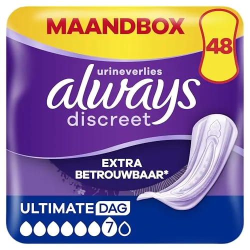 Always Discreet Extra Safe, Inkontinenzeinlagen für Damen, Ultimate Tag, 6 Tropfen, saugfähiger Schutz für schwere Blasenschwäche, 1 Monat, 48 Stück