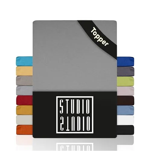 STUDIO Basic Topper Spannbettlaken 120x200cm – Jersey-Spannbetttuch aus 100 % gekämmter Baumwolle – Silber – bügelfrei, elastisch & Oeko-TEX Zertifiziert – für Topper 4–14 cm