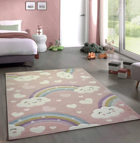 Carpetia Kinderteppich Regenbogen Wolken rosa, rechteckig - Flachgewebe-Teppiche mit buntem Design, das die Fantasie anregt und einen gemütlichen Spielplatz für Kinder schafft. Pflegeleicht, langlebig und allergikerfreundlich – ideal für jedes Kinderzimmer.