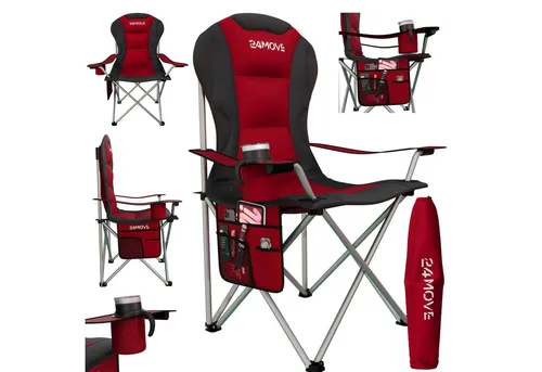 24MOVE® Campingstuhl faltbar bis 150 kg - Gepolstert mit Armlehnen und Getränkehalter - Camping-Möbel mit hoher Rückenlehne für optimalen Sitzkomfort, bis 150 kg belastbar und ideal für Outdoor-Aktivitäten wie Camping, Garten oder Festivals.