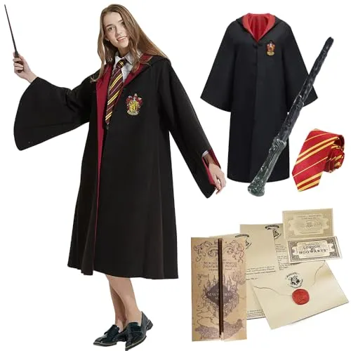 NAVESO Zauberer Kostüm, Magier Kostüm, Magier Robe, Zauberer Umhang für Erwachsene mit Zauberstäbe, Umhang und Krawatte, Unisex Uniform für Halloween Karneval Cosplay