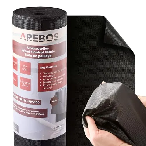Arebos Unkrautvlies 150 g/m² | Reißfestes & UV-stabilisiertes Gartenvlies - Robustes Unkrautvlies (150 g/m²) bietet zuverlässigen Schutz gegen Unkraut und ist ideal für Beete und Wege. Atmungsaktiv und langlebig für eine einfache Gartenpflege. Praktische 1x50 m Rolle für schnelle Verlegung.