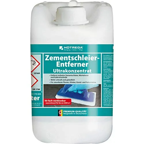 HOTREGA Zementschleier Entferner Ultrakonzentrat 5 Liter - Hochaktiver Grundreiniger für die mühelose Zementschleier-Entfernung. Ergiebig für bis zu 500 m², ideal für die Abschlussreinigung nach Fliesenverlegung. Für säurefeste Oberflächen geeignet.