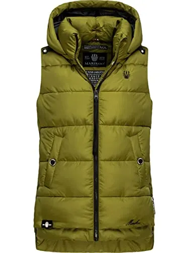 MARIKOO Damen Winter Steppweste Zarinaa in Moss Green, Gr. XS - Damen-Westen: Modische, warme Steppweste mit abnehmbarer Kapuze, wasserabweisendem Material und regulierbaren Weiten - ideal für Herbst & Winter Aktivitäten.