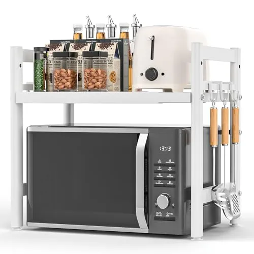 Glovios Erweiterbares Mikrowellen Regal Stehend Mikrowellenregal für Küche Organizer Mikrowellenständer Küchenregal Arbeitsplatte Bäckerregal Mikrowellenhalter mit 6 Haken (Weiß)
