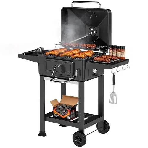 Holzkohlegrill BBQ Smoker mit Thermometer und höhenverstellbarer Kohlepfanne - Vielseitiger Holzkohlegrill mit Deckel und zwei Rosten. Ideal für Grillabende, ermöglicht präzises Garen. Mit praktischen Rollen für einfachen Transport.