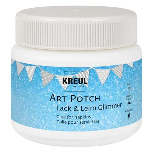 KREUL 49651 - Art Potch Lack und Leim Glimmer, 150 ml Dose, Serviettentechnik- und Dekokleber auf Wasserbasis, für Holz, Keramik, Stein und Karton, Weiß, Transparentes
