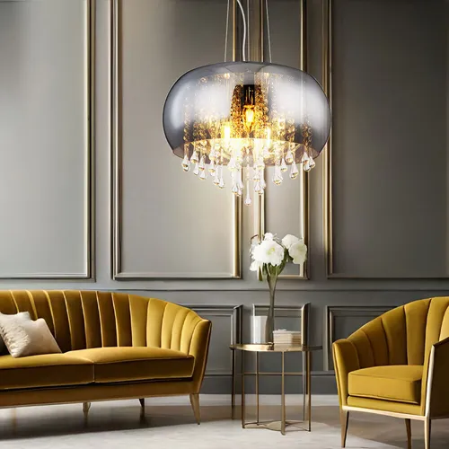 Kristall Decken Pendel Leuchte - Exklusive Hänge Lampe in Chrom mit rauchfarbenem Glas - Lampen für Wohn- und Esszimmer, exklusive Hängeleuchte mit 5 E14 Fassungen für individuelle Lichtgestaltung und einzigartigem Design.
