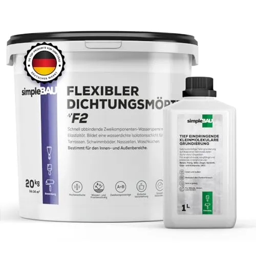 simpleBAU Abdichtungsset 20 kg + 1L Tiefengrund – Flexibel & Rissbeständig - Ideal für die Abdichtung und Grundierung von Balkonen, Bädern und mehr. Set mit elastischem Abdichtungsmörtel und lösemittelfreiem Tiefengrund – schnell verarbeitbar und effizient.