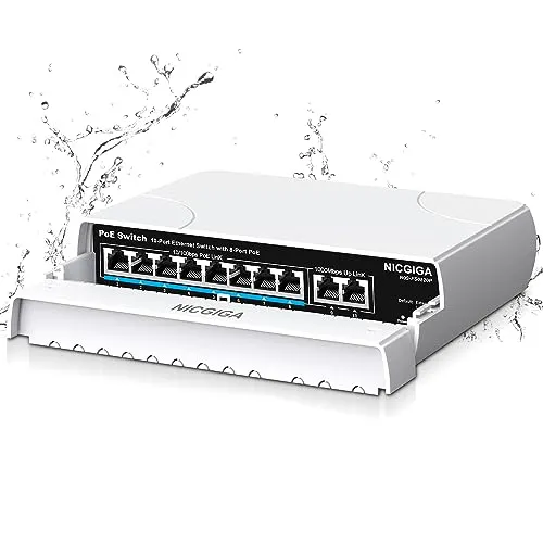 NICGIGA Wasserdichter 8-Port PoE Switch - Outdoor 8-Port PoE+ Switch mit 120W Gesamtleistung, IP65 wasserdicht, ideal für raue Umgebungen. Unterstützt VLAN und 250m Extender-Funktion für sichere Netzwerkinstallationen.