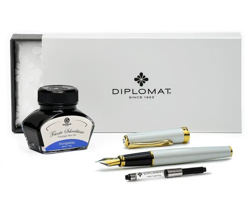 DIPLOMAT Füllhalter Excellence A2 Perlmutt Gold mit Schreibtinte, (Spar-Set mit Tintenkonverter und Schreibtinte Königsblau von Octopus Fluids), MADE IN GERMANY