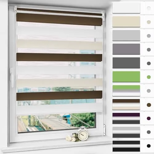 Magiea Doppelrollo Klemmfix ohne Bohren & mit Bohren, Weiß-beige-braun B75 x H150 cm Stoffbreite 71 cm, Klemmrollo lichtdurchlässig und Blickdicht, Fensterrollo Sonnenschutzrollo für Fenster