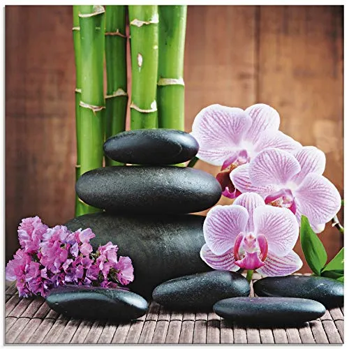 ARTland Wanddeko Glasbilder Wandbild Glas Bild einteilig Quadratisch Natur Asien Wellness Zen Steine Blumen Blüten Orchideen Bambus Pink T5OO