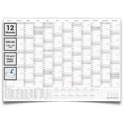 Jahresplaner 2026 DIN A0 grau gefaltet – Wandkalender großformat