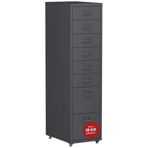 [en.casa] Rollcontainer Kökar - 8-Schubladen Aktenschrank mit Rollen - Schubladenboxen mit 8 Schubladen für optimale Organisation, mobil durch Rollen und robust aus Stahl für langlebige Nutzung im Büro oder Homeoffice.
