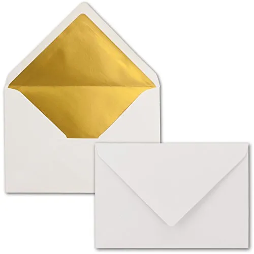 Kuverts Weiß - 50 Stück - Brief-Umschläge DIN C6-114 x 162 mm - 11,4 x 16,2 cm - Naßklebung - matte Oberfläche & Gold-Metallic Fütterung - ohne Fenster - für Einladungen