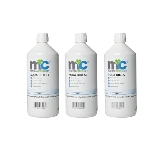 Medicalcorner24 Aqua Bidest Laborwasser bidestilliertes Reinst-Wasser, zweifach destilliert, 3 x 1 Liter