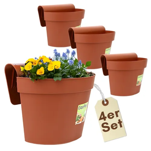 4x Geländertopf mit Wasserspeicher für Balkon - Garten-Zubehör: Praktische Geländerkästen mit Selbstbewässerung, ideal für Blumen auf Balkon oder Terrasse. Größe: 23 cm hoch, rund und aus recycelbarem Kunststoff.
