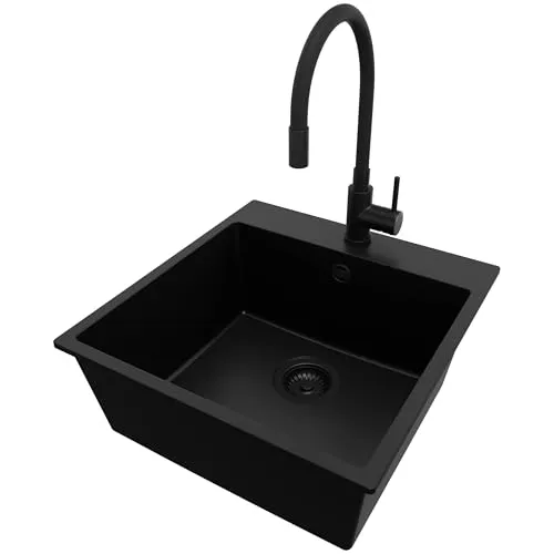 PRIMAGRAN Granitspüle Alles Schwarz 48x50cm, Spülbecken 1 Becken + Küchenarmatur 40x38cm + Ablauf-Set, Küchenspüle ab 50er Unterschrank - Riga S138