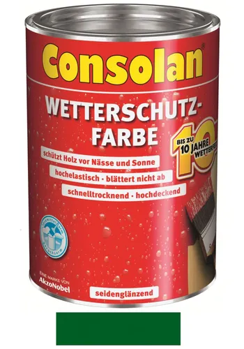 Consolan Wetterschutz-Farbe Grün 10 Liter - UV-beständig und Farbecht - Lacke für Außenanwendungen, bietet optimalen Schutz für Holzoberflächen mit seidenglänzendem Finish und wasserbasierter Formel.