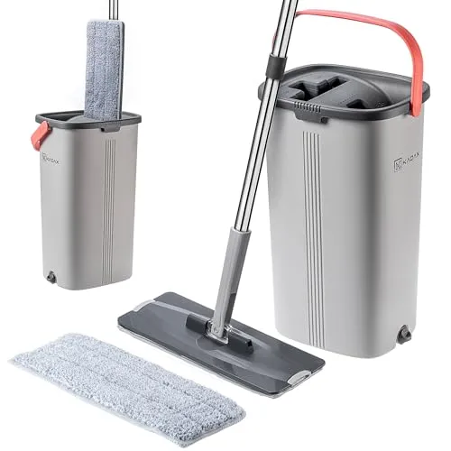 KADAX Flachmopp mit Wassertrennung, Wischmopp mit Doppelkammereimer, Bodenwischer, Putzset für Bodenreinigung, Flachbodenmopp mit Putzeimer (Grau/Orange)