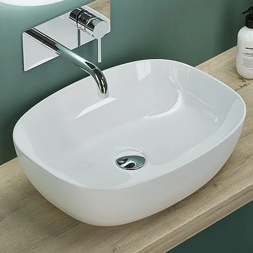 Mai & Mai Aufsatzwaschbecken Brüssel104 - Elegantes Aufsatzwaschbecken aus Keramik in Weiß mit Nano-Beschichtung für einfachen Schmutzschutz, ideal für stilvolle Badezimmer. BTH: 51x39,5x14cm.