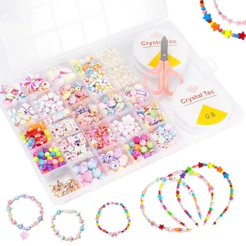 Perlen set Schmuck Basteln Mädchen, Ketten Basteln Kinder Mädchen, Armbänder Selber Machen set DIY Freundschaftsarmbänder für Weihnachten, Geburtstage, Party