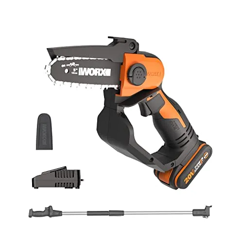 WORX Akku Mini Kettensäge 18V (MAX 20V) WG324E.1 - Leicht und tragbar - Kettensägen: Kompakte und ergonomische Säge mit nur 1,38 kg, ideal für enge Räume und Einhandbedienung. Inklusive Akku und Ladegerät, perfekt für müheloses Sägen und Trimmen.