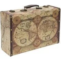 HMF Aufbewahrungsbox Vintage Koffer aus Holz - Handgefertigter Deko-Koffer im Weltkarten Design, ideal als ausgefallenes Geschenk oder Wohnaccessoire. Maße: 38 x 26 x 13 cm.