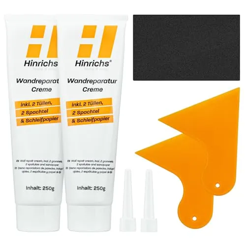 Hinrichs 500g Spachtelmasse Weiß - Wandreparaturpaste – Set aus 2x Instant Repair Paste 250g, 2x Wandspachtel, 2x Tüllen & Schleifpapier - Löcher Wand füllen Weiß - Lochfüller Kit