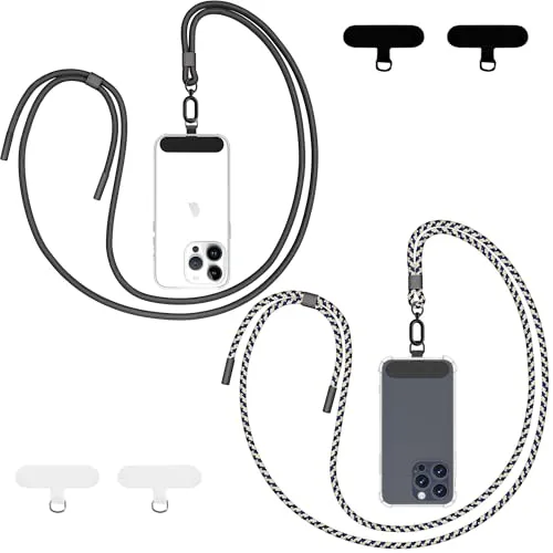 Qyoocom Handykette Universal für alle Smartphones,2 Stück Schlüsselband Kette zum Umhängen mit 4 Universelles Pad,Einstellbar und Abnehmbar. (Blau Camouflage+Schwarz)