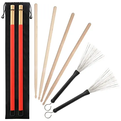 5A Drumsticks 2 Paar klassische hochwertige Ahorn-Drum-Stick-Sets mit einziehbarer Drahttrommelbürste und professioneller Bundle-Drum-Stick-Dowel-Drumsticks plus wasserdichte Tasche