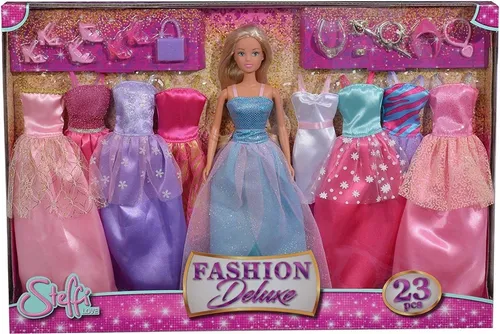 Simba SL Fashion Deluxe Steffi Puppe - Steffi im eleganten Abendoutfit mit 8 zusätzlichen Outfits und passendem Zubehör. 23 Teile, 29 cm groß. Spielerisches Rollenspiel für Kinder ab 3 Jahren.
