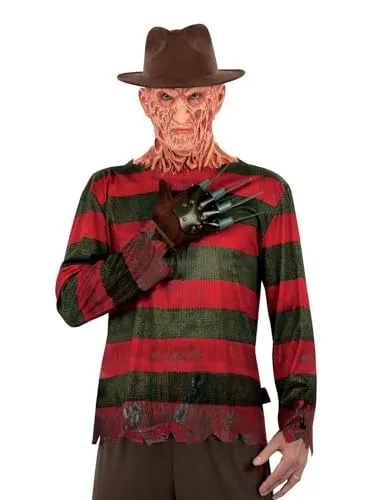 Smiffys A Nightmare On Elm Street Freddy Krueger Kostüm - Komplettes Kostüm-Set für Erwachsene: Offiziell lizenziertes Freddy Krueger Outfit mit bedrucktem Oberteil, Handschuh und Hut – perfekt für Halloween und Kostümpartys!