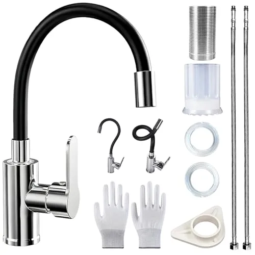NLMWTI Wasserhahn Küche mit Flexibler Auslauf, Wasserhahn Küche Schwarzmit Handschuhe, Spültischarmatur 360° Schwenkbar Hochdruck Armatur mit 2 Wasserstrahlarten
