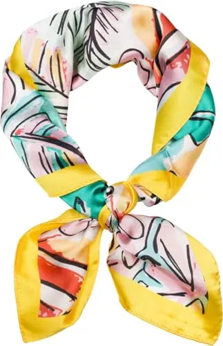 styleBREAKER Damen Halstuch mit Palmen Blätter Blüten Muster im Popart Style, Tuch Quadratisch, Vierecktuch Bunt, Kopftuch 01016237, Farbe:Gelb