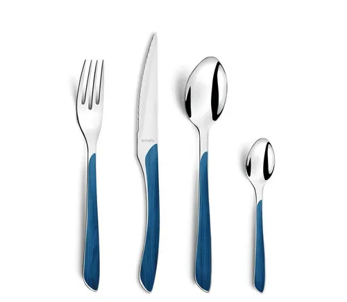 Amefa ECLAT Besteck Set NATURE Blau Holz - 24-teiliges Besteckset für 6 Personen mit Holzoptik-Griffschalen, spülmaschinenfest und ideal für den Alltag sowie Grillfeste.